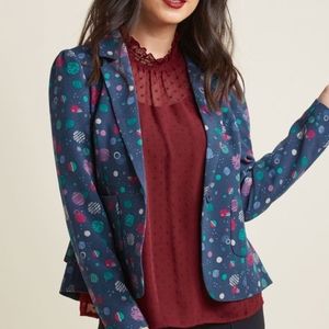 Modcloth Blue Patterned Blazer with Abstract Circles